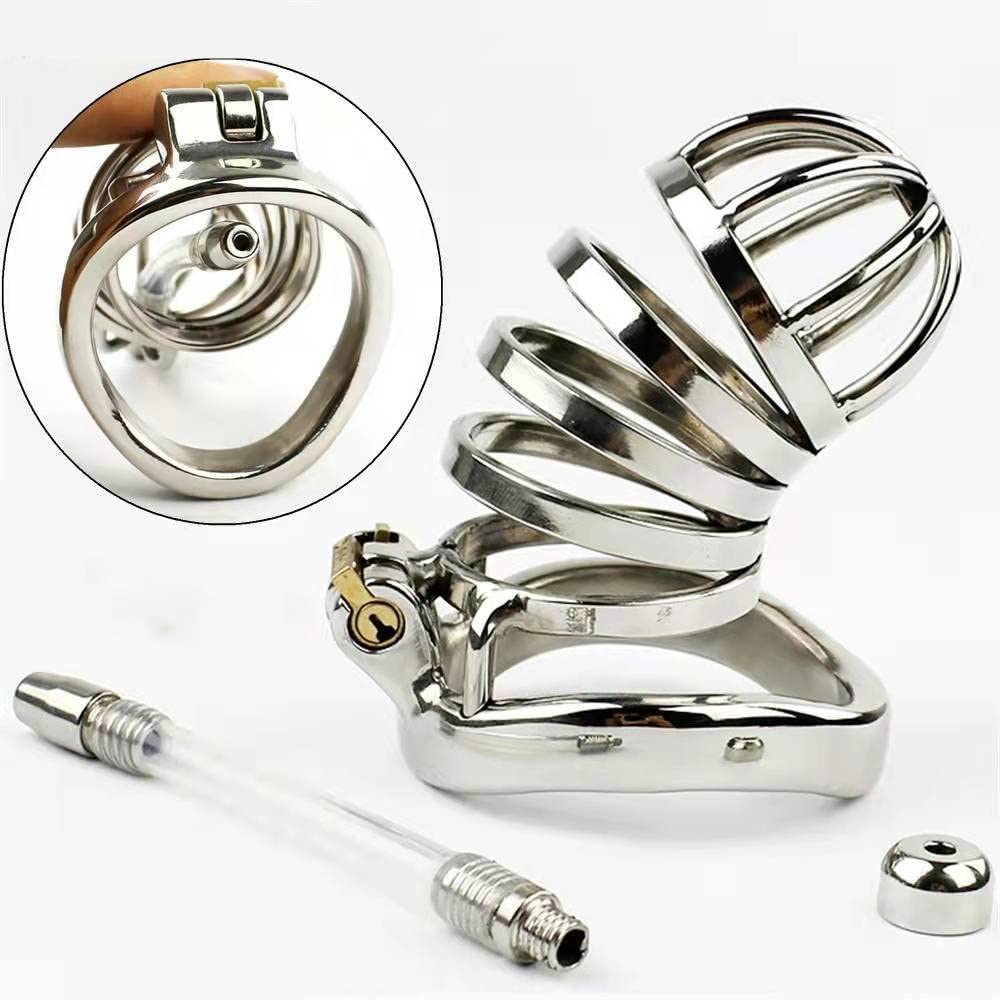 Stainless Steel Chastity Belt for Chastity Hollow Chastity Cage with Penis Penis Restraint Metal Penis SM Cheating Cock Adult Toy Men, Lock, Plug,