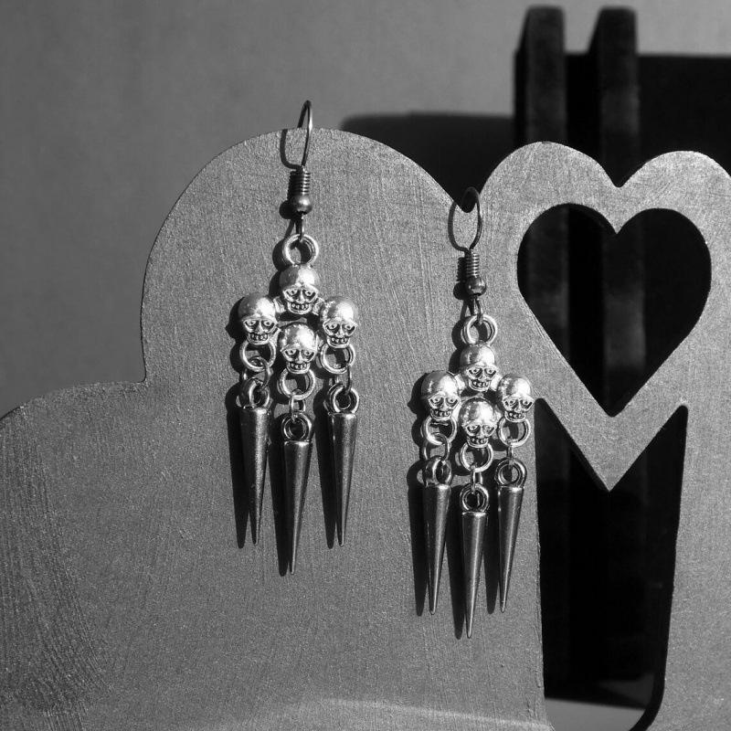 Silver Skull and Spikes Pendant Earrings