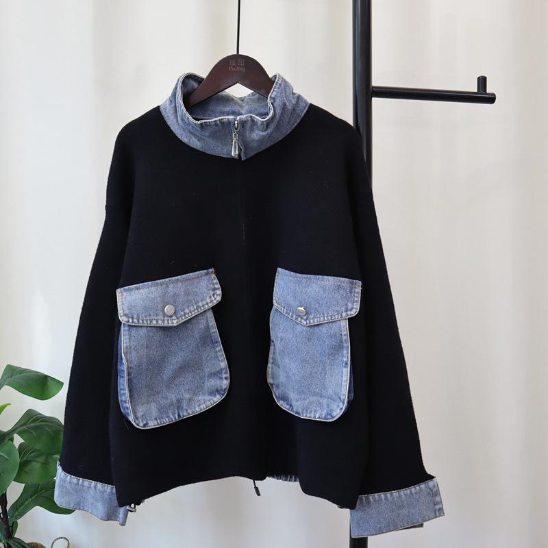 Autumn and winter new zipper splicing denim knitted double-sided woolen cardigan temperament sweater jacket women