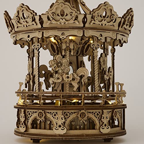 Tsukurundesu® 3D Moving Wooden Puzzle with LED and Music Box (Pony Carousel) with Japanese Instructions