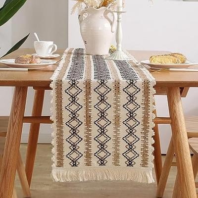 1PC Boho Table Runner Rustic Farmhouse Table Runners, Macrame Table Runners with Tassel for Home Decor Wedding Dinning(Double Rhombus Textured)
