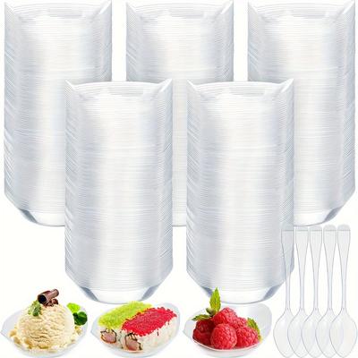 50 Stück transparente Mini-Dessertteller aus Kunststoff, inkl. 50 Löffeln, Einweg-Tablett aus Kunststoff, Vorspeisenteller, kleine Probierbecher