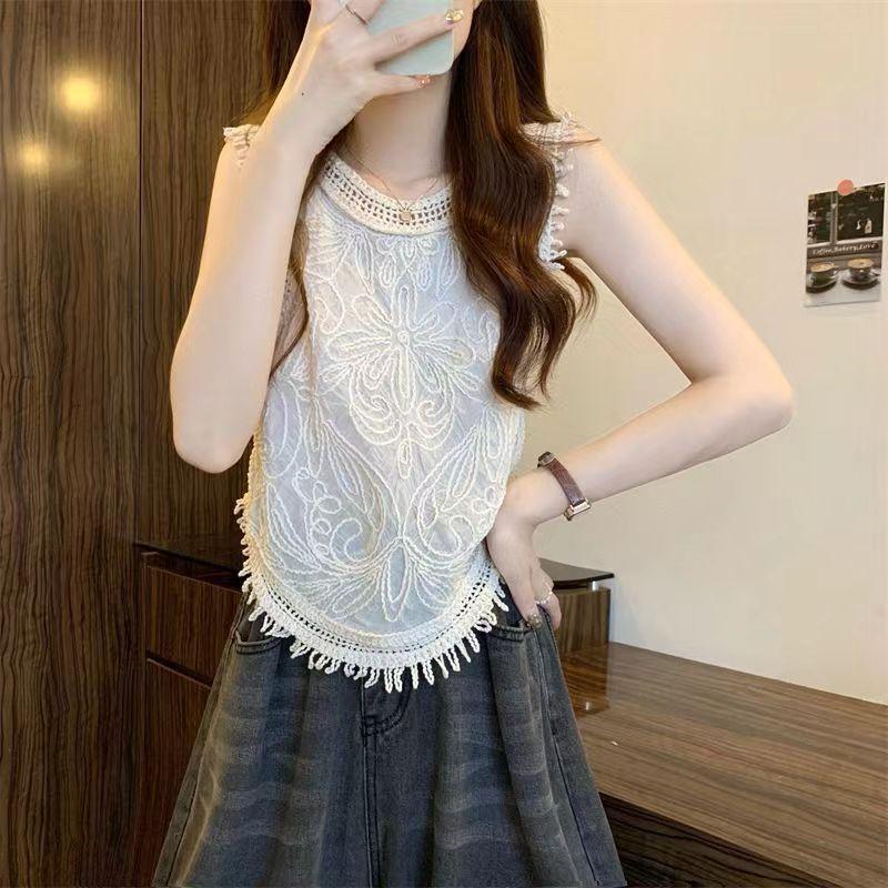 Niche Hollow-out Crocheted Knitted Camisole Women's Summer Tassel Short Sleeveless Tank Designed Top
