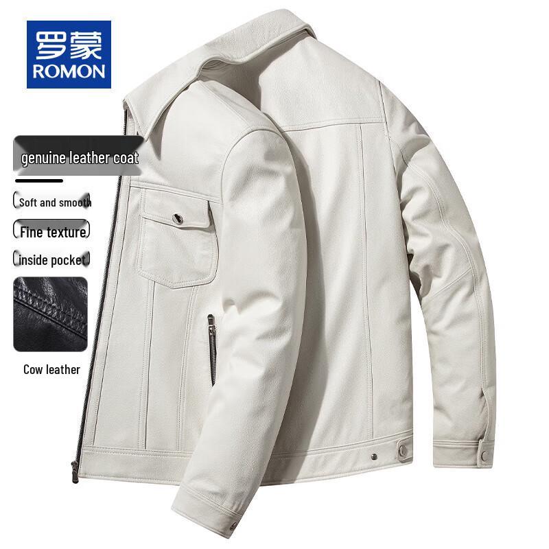 ROMON Men s Genuine Cowhide Leather Motorcycle Jacket 4XL белый