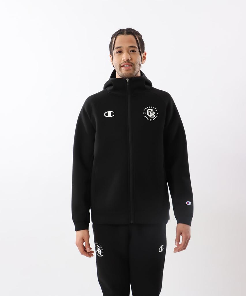 Champion Long Sleeve Stretch Hoodie with Warm Logo and TECH 3LS Zip Hooded Basketball Size L Men's One-Point Logo, WEAVE® Sweatshirt, Black,