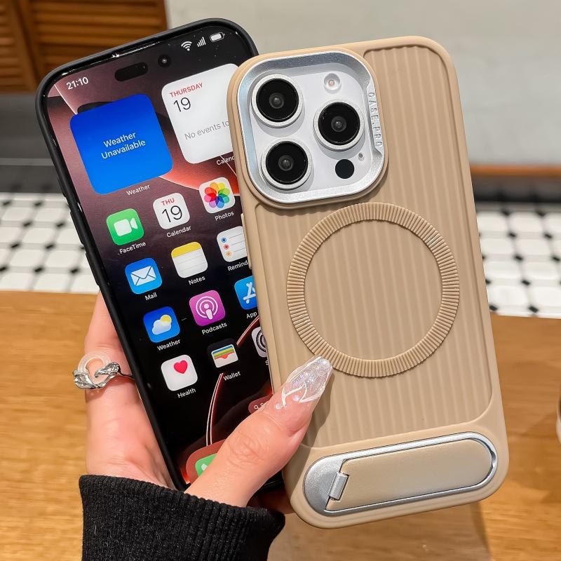 Luxury Stripe With Folding Bracket Plain Phone Case For iPhone 16 15 14 13 12 11 Pro Max Magnetic For Magsafe Wireless Charging