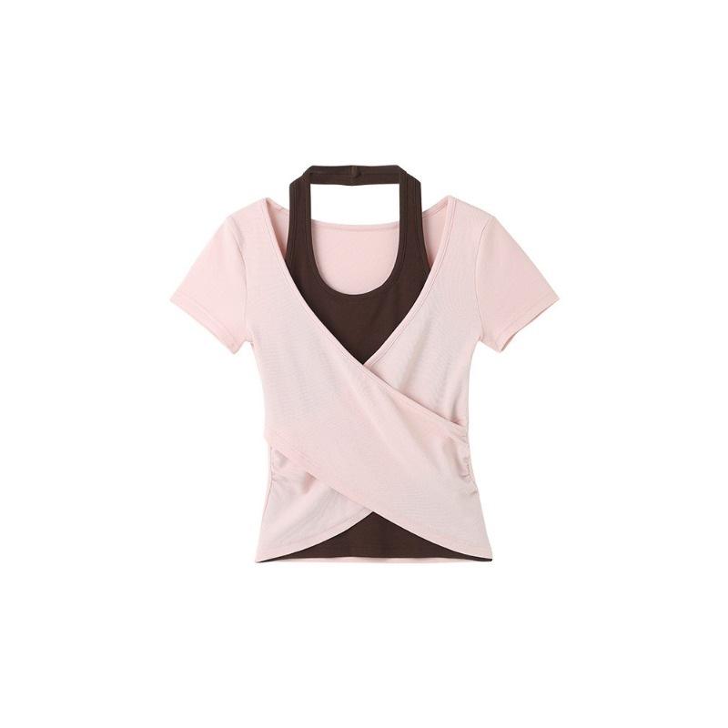Contrasting color fake two-piece splicing neck-hanging short-sleeved T-shirt women's summer fashion spice girl style slim-fitting versatile foreign 