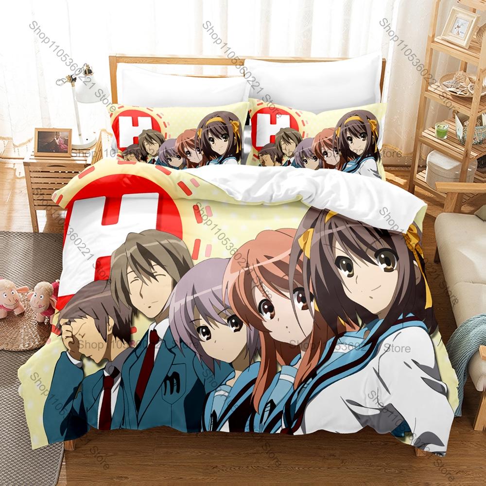 The Melancholy Of Haruhi Suzumiya Anime Print 3PCS Bedding Set Duvet Cover + 2 Pillowcases Soft Bed Linen For Otaku Fans Bedroom