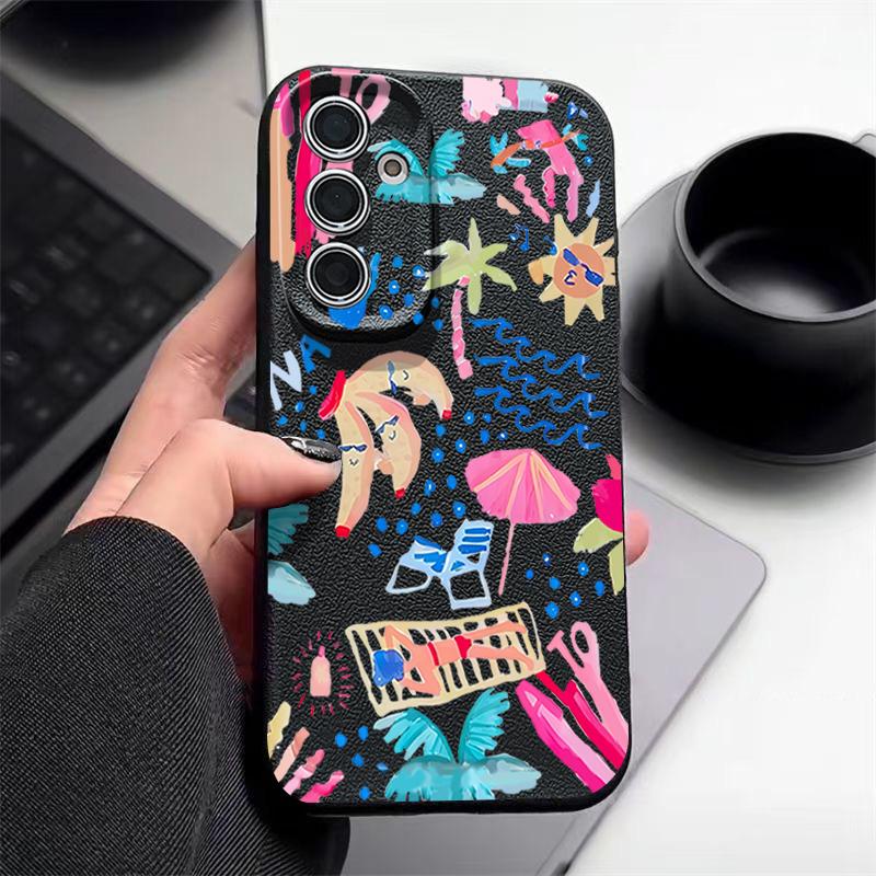 Cartoon Vacation Painting Case For Samsung Galaxy S26 Ultra S25 Edge S24 S23 S22 Plus S21 FE Leather Texture Silicone Cover
