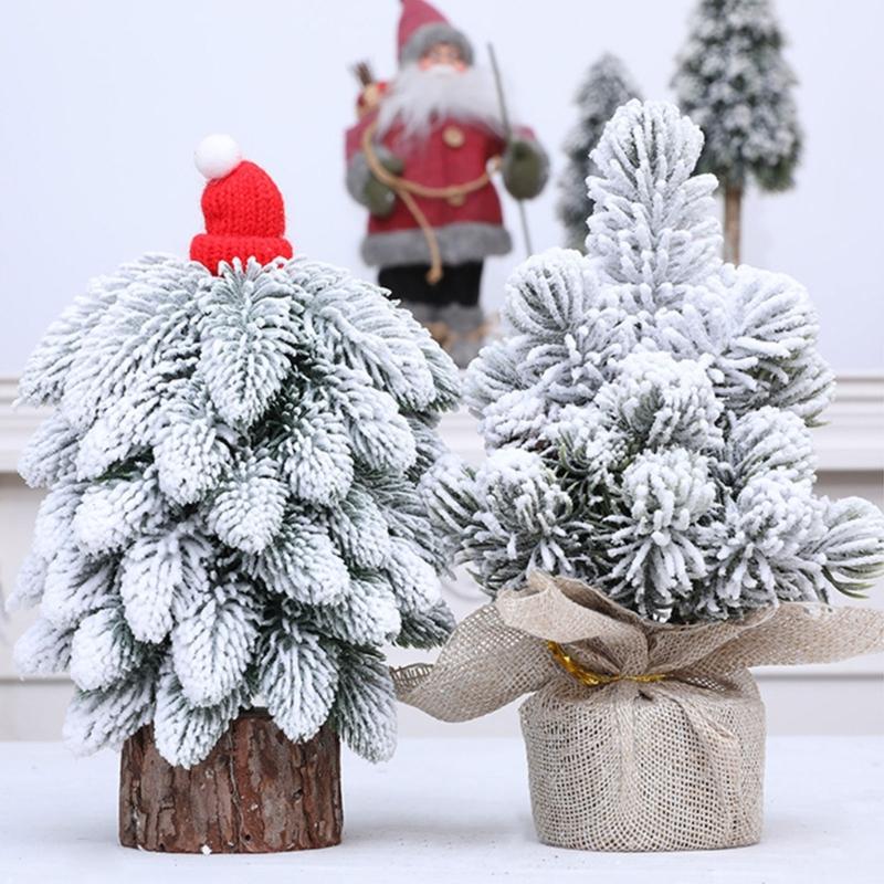 Snow Dusted Christmas Tree Desk Decoration With Wood 20cm Height For Living Room Bedroom Tabletop Decoration