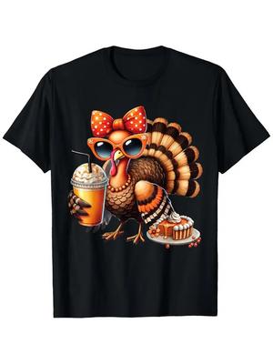 Turkey Drinking Coffee Bow Thanksgiving Womens Turkey Day T-Shirt, Unisex Cotton