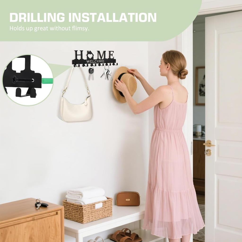 Key Holder Wall Mount, Adhesive Metal Key Hanger with 6 Double Hooks, 2 Tallation Methods, Black