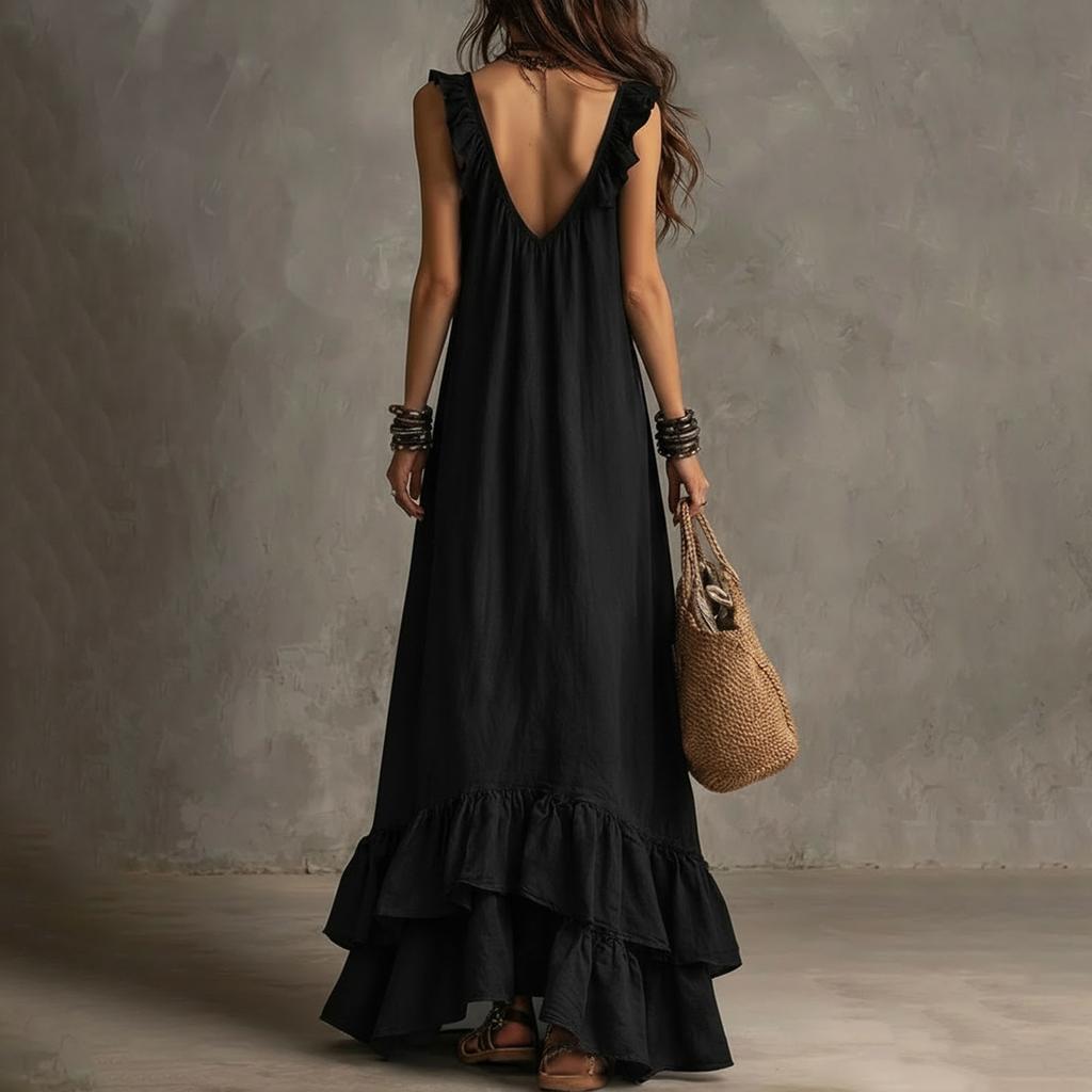 Women's New Summer Casual Boho Vintage Dress, V-Neck Short Sleeve With Ruffle Hem