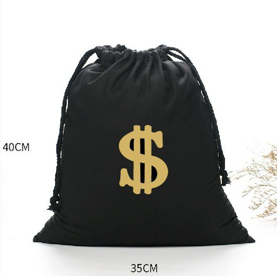 Drawstring Canvas Bag with Dollar Sign Print - Cotton & Linen Money Bag