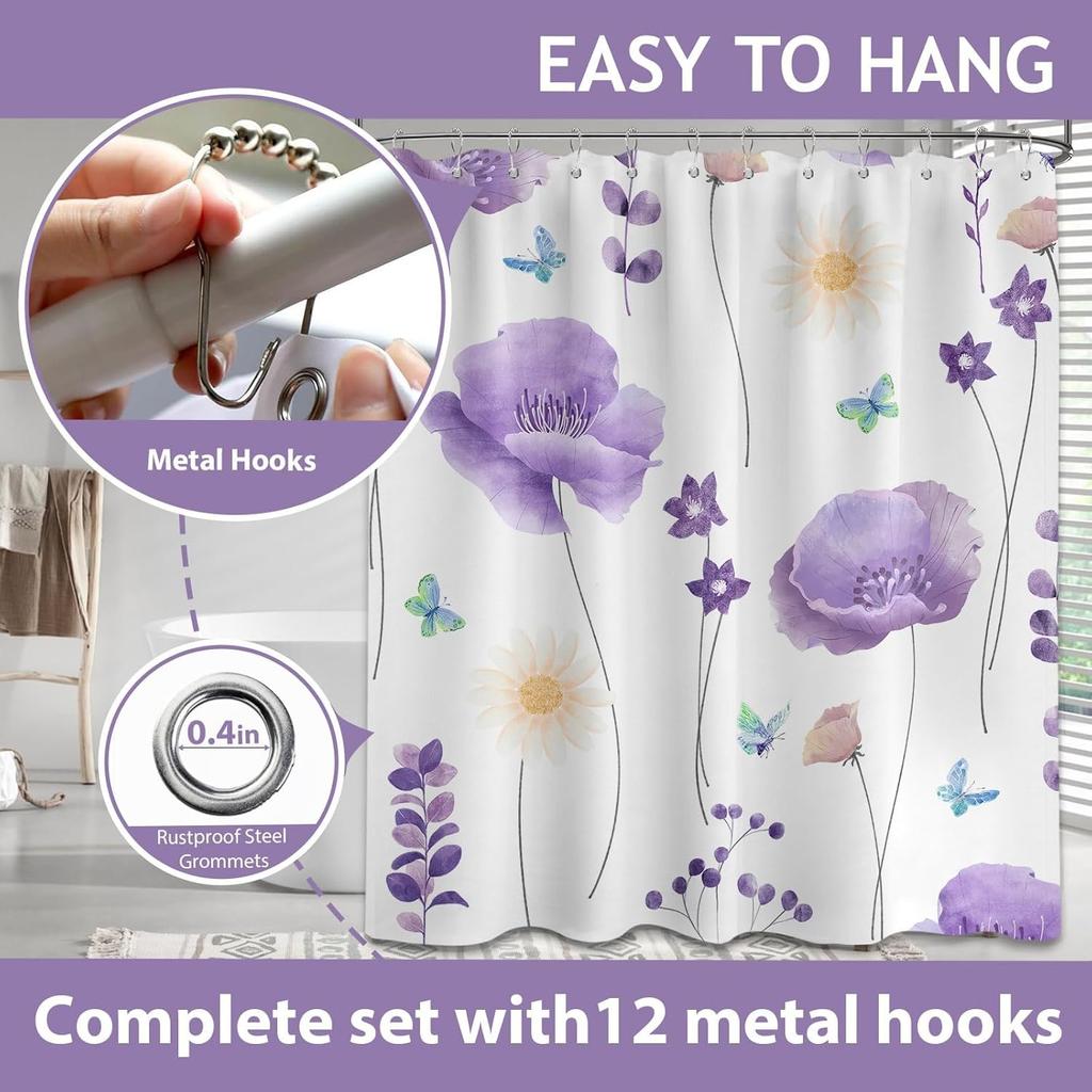 Perdea de duș florală acuarelă mov deschis lavandă lila primăvară vară modernă minimalistă perdele de duș cu flori pentru baie