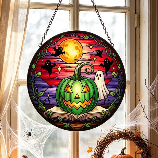 Stained Glass Style Acrylic Suncatchers Halloween Pumpkin Suncatcher, Round Window Hanging Ornament, Mysterious Holiday Theme Wall Displays Full Moon