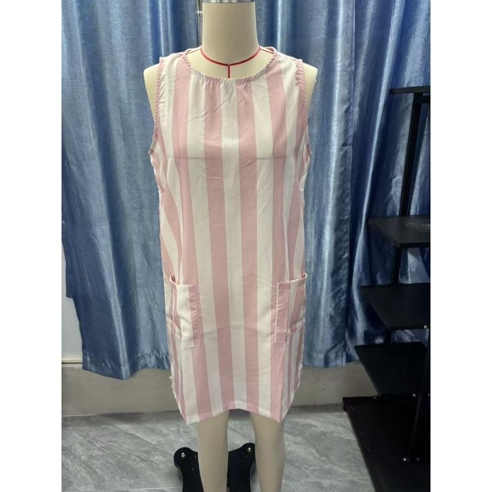Vintage Striped Mini Dress, Round Neck Sleeveless Women Dress