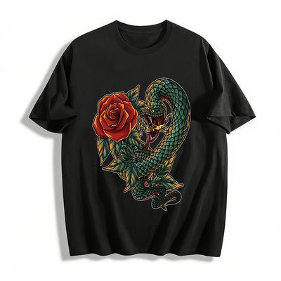 Vintage Viper Rose Print Trendy Casual Short Sleeve T-Shirt Pure Cotton T-shirt