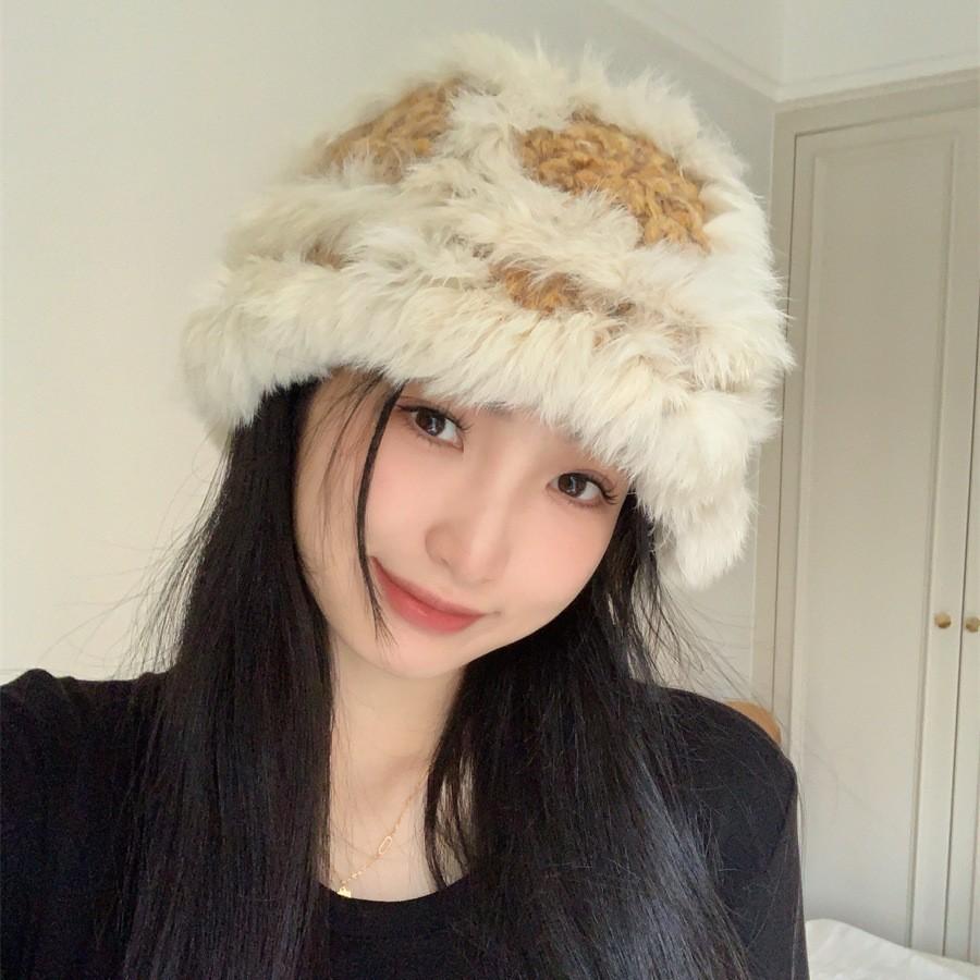 Soft Waxy Rabbit Fur Warm Hand Knitted Hat for Women New Autumn and Winter Ski Sweet Lion Awakening Wool Hat