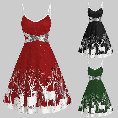 Nova Moda Feminina Natal Outono e Inverno Moda Natal Alce Estampa Alças Espaguete Lantejoulas Vestidos de Festa Decote V Túnica Vestido de Natal Swing