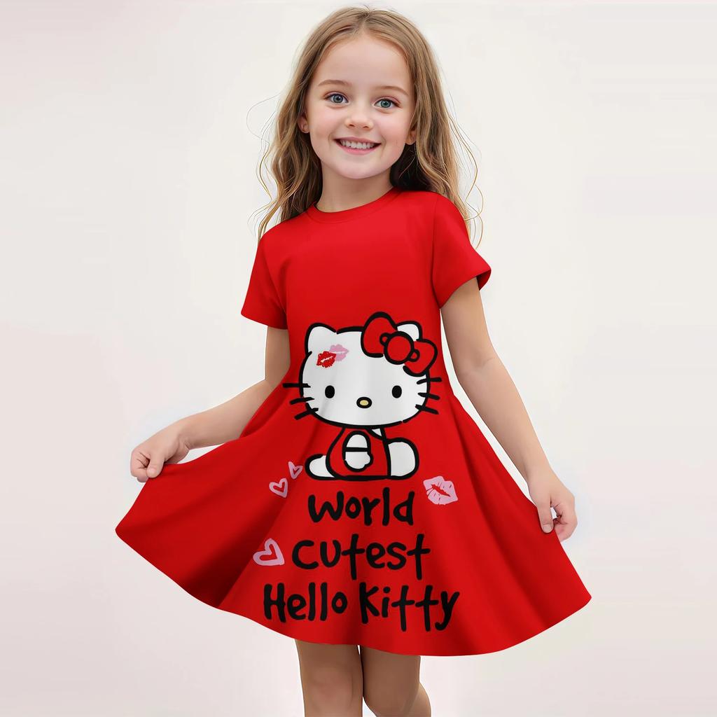 Popular Kawaii Summer Children's New Fashion Girl Dress Comfortable Home Outdoor Cartoon Cute Hello Kitty Dress 3d Print Red Ser