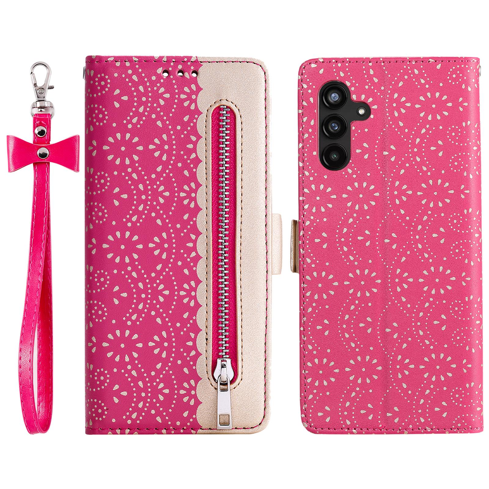 

For Samsung Galaxy A54 5G Zipper Wallet Phone Case Lace Flower Pattern PU Leather Phone Stand Cover with Bowknot Wrist Strap Rose