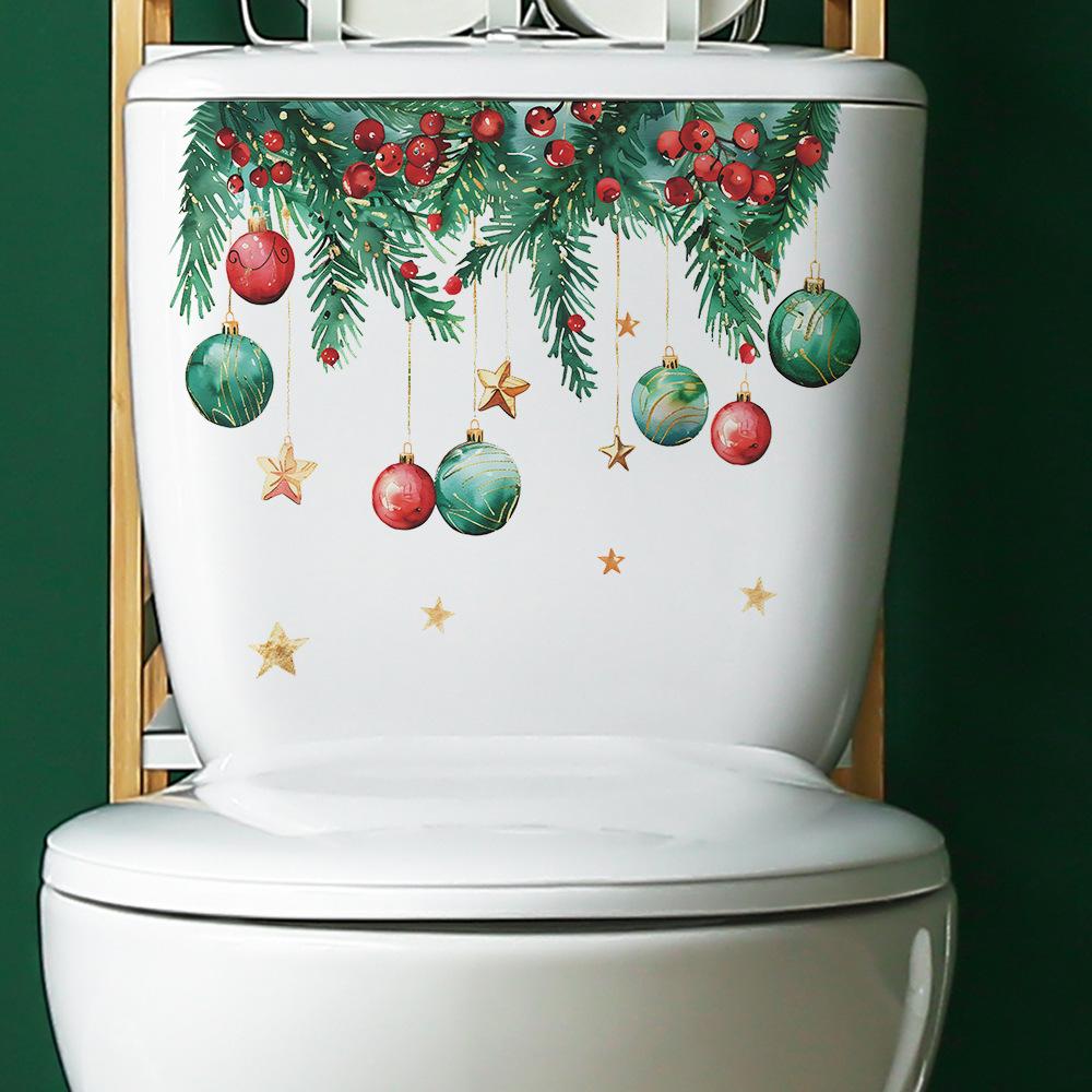 1pc Christmas Festive Toilet Lid Decal with Pine Garland, Berries, and Baubles, Self-Adhesive Christmas Decoration Sticker