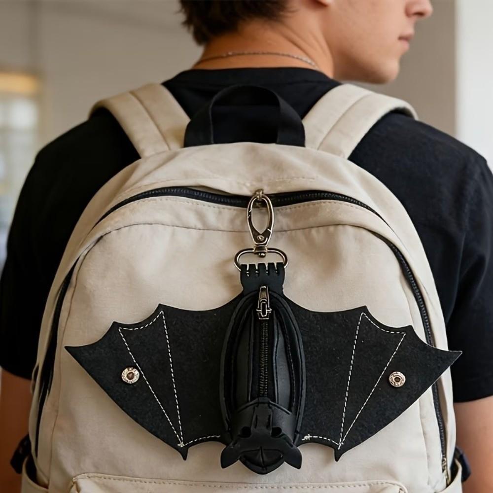 Zipper Bat Wallet Keychain Coin Purse Leather Bat Keychain Handmade Halloween Bat Pendant  Gifts