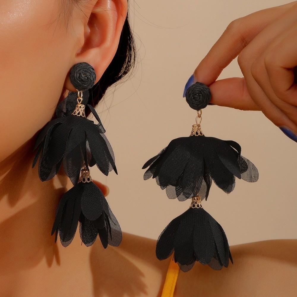 Boho Style Chiffon Flower Earrings Exaggerated Ear Studs Trendy Fabric Tassel Earrings  for Women