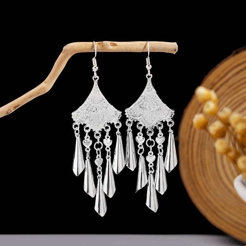 Miao geometric bells, fringed earrings, minority earrings, bohemian long leaf earrings