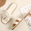 Fairy wind bow pearl slippers female 2025 summer new Korean version of Internet celebrity flat bottom square head cool slippers