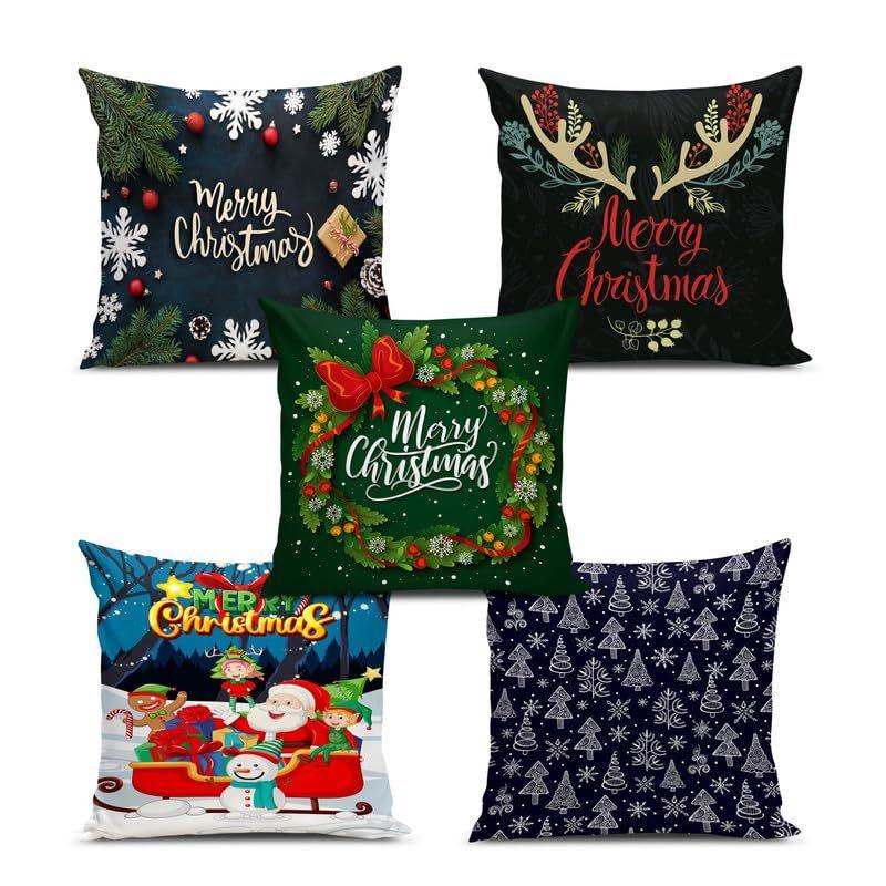 Soft Fabric Designer Decorative Printed Merry Christmas Theme Cushion Cover Xmas Decorations for Sofa Living Room Set of 5 16 X 16 Inch Multi