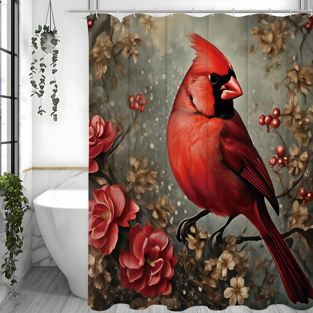 New Chinese Style Floral Red Bird and Fruit Shower Curtain, Bathroom Decorative Shower Curtain, Waterproof Shower Curtain with H