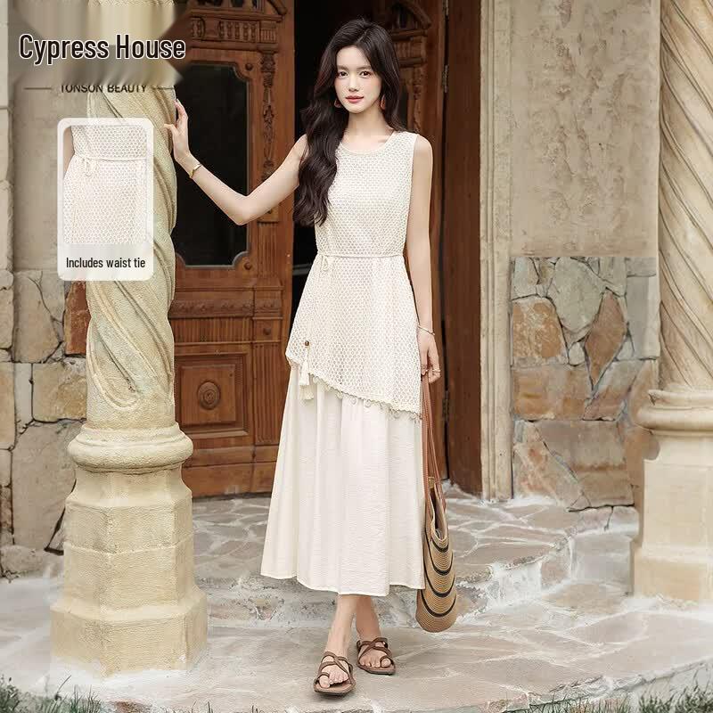 Women s Elegant Faux Two-Piece Round Neck Vest Dress L
