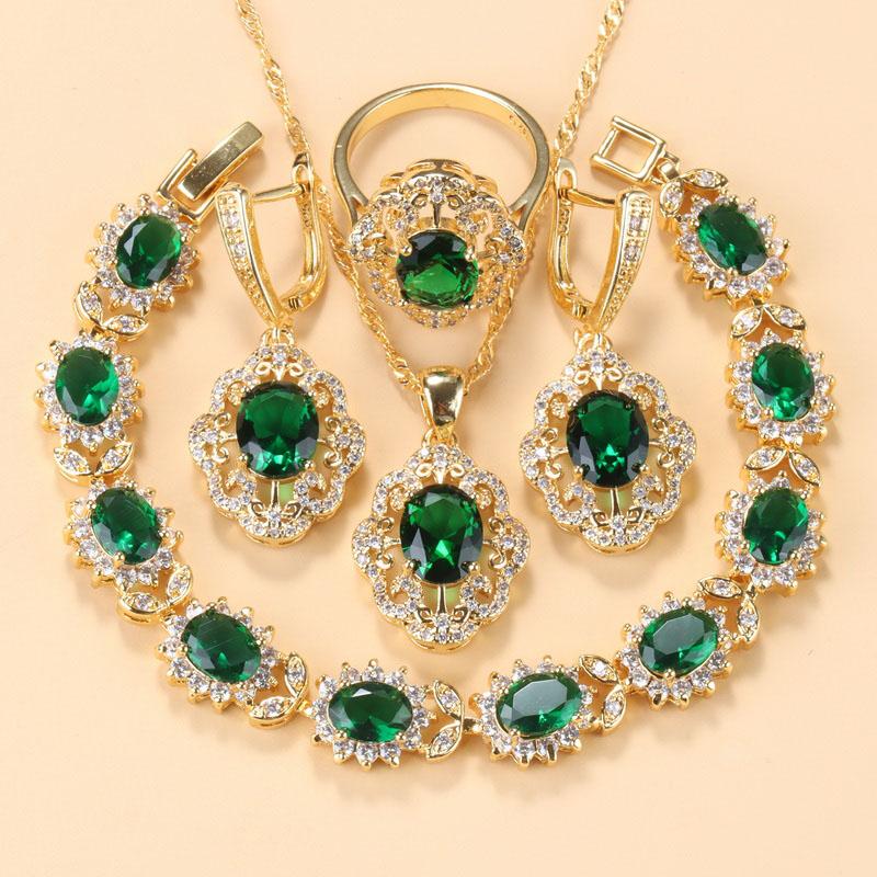 Morrocan Jewelry Sets  Gold Plated 12-Colors Zirconia Earring Necklace And Bracelet Ring For Women Fashion Accessories