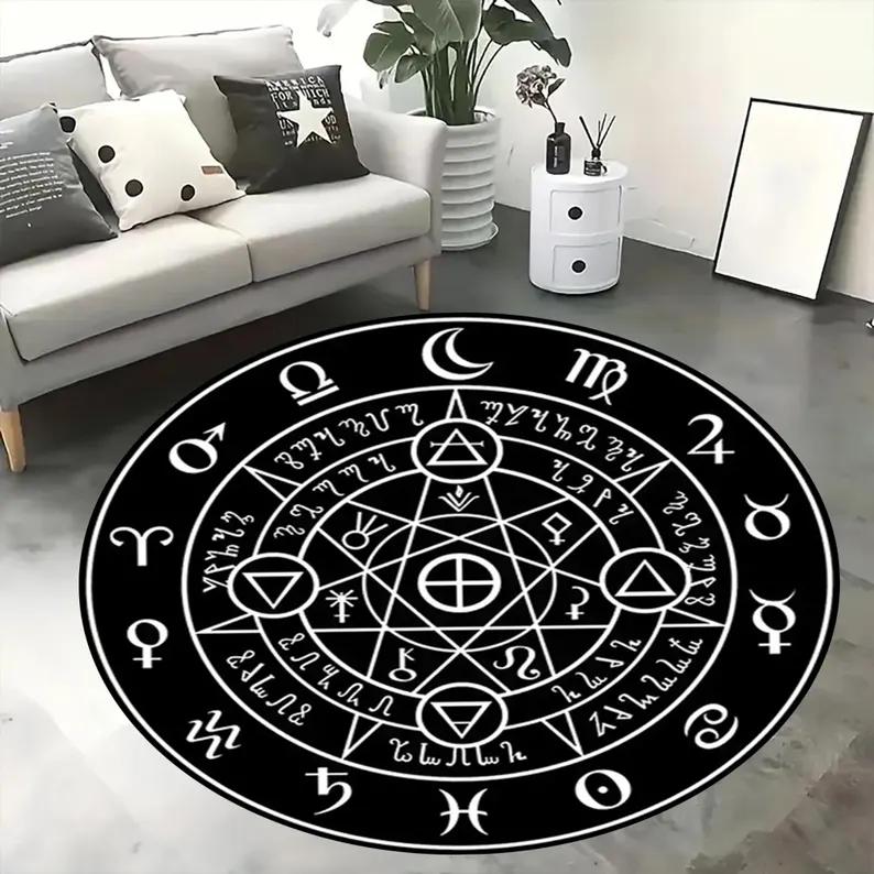 Zodiac Wheel Astrology Round Rug Purple and Blue Sun Sign Non Slip Floor Mat for Celestial Lovers