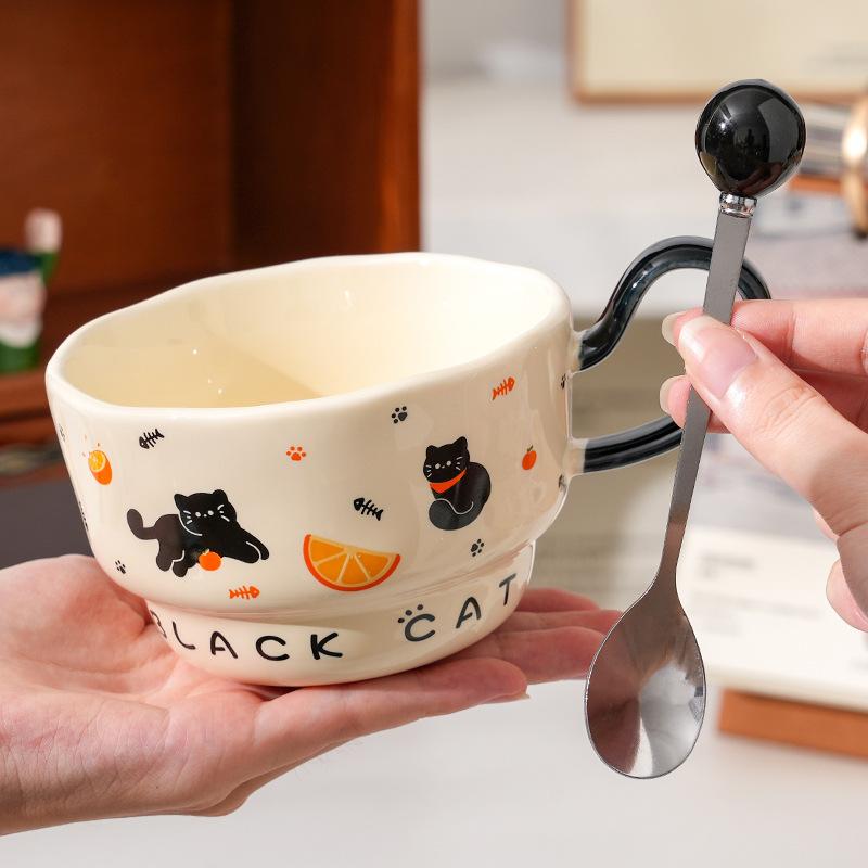 Creative Little Black Cat Ceramic Cup with Spoon for Home Use Large Capacity Office Couple Cup High Value Souvenir Gift Mug