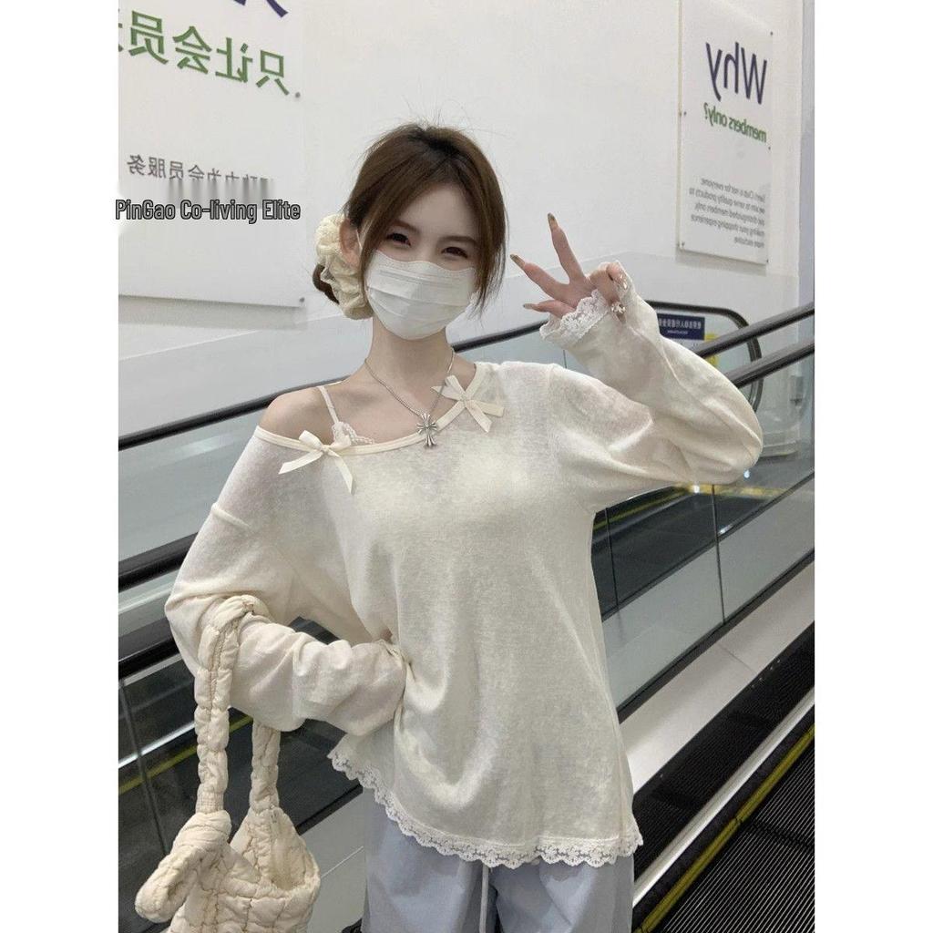 Women's Bowknot Lace Long Sleeve Sun Protection Top - Summer Korean Style Asymmetrical Neck Loose Cover-Up