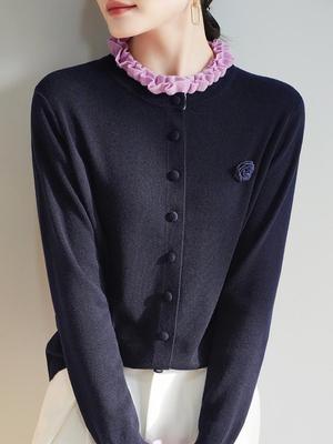 Cardigan Rétro Chic en Laine Mérinos à Col Volanté avec Motif Floral 3D