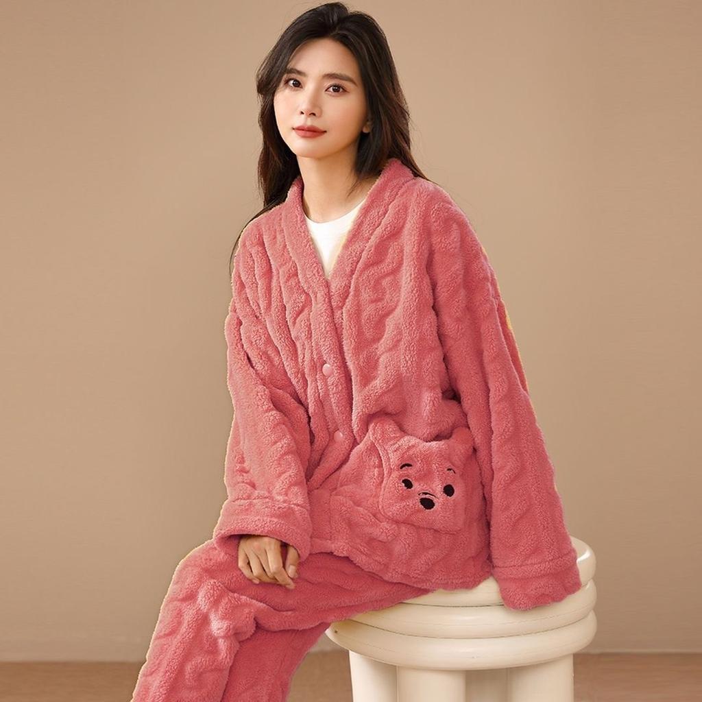 Høst og Vinter Nytt Damesett med Langermet Morgenkåpe med Broderi av Bjørnep lommedesign, Varmt og Komfortabelt Løstsittende Fritidshjemmetøy