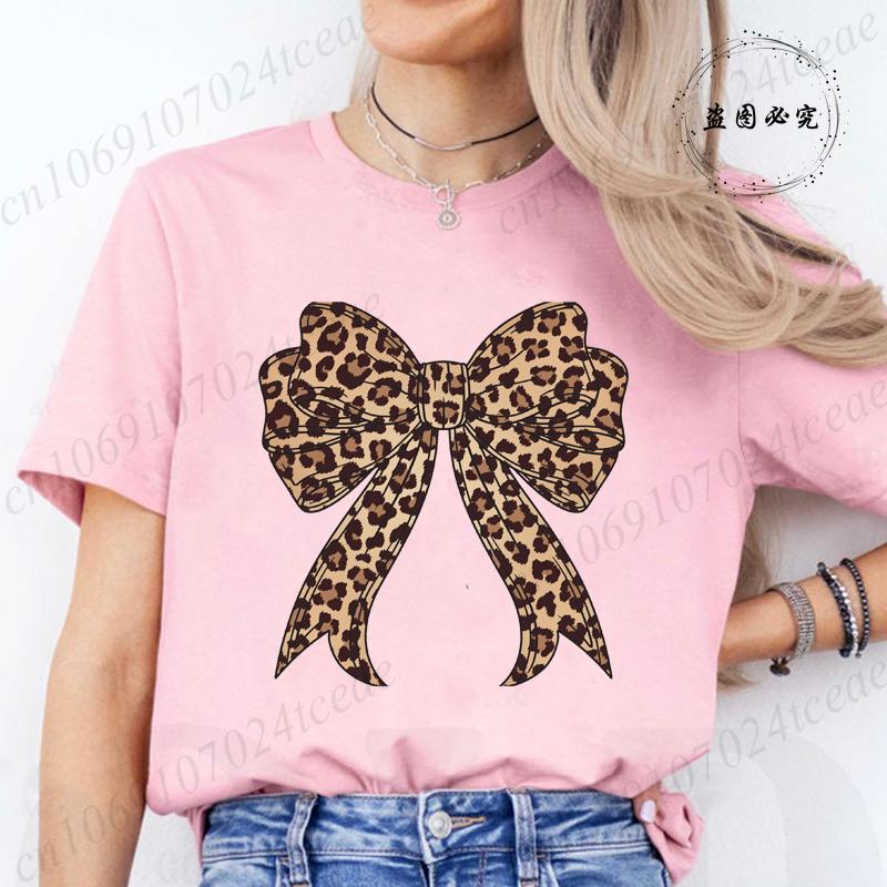 Coquette Bow Leopard Pattern Print TShirts Casual Summer Womens Short Sleeve TShirt Women Clothing Vintage Clothes Y2k Top
