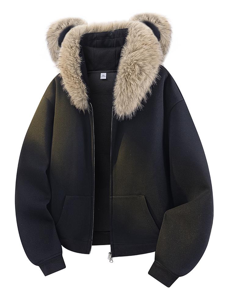 Unisex Teddybär-Ohren Pelzkragen Strickjacke Hoodie - Herbst/Winter 2026 Lockerer College-Stil Jacke