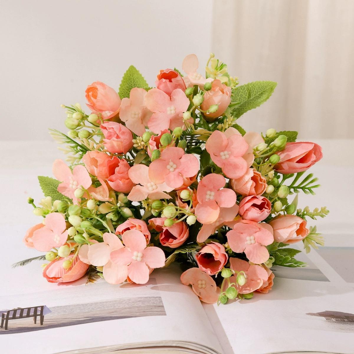 1 букет искусственных мини-тюльпанов, букет магнолий с длинным стеблем и листьями, цветочный для домашнего декора, свадебных украшений розовый