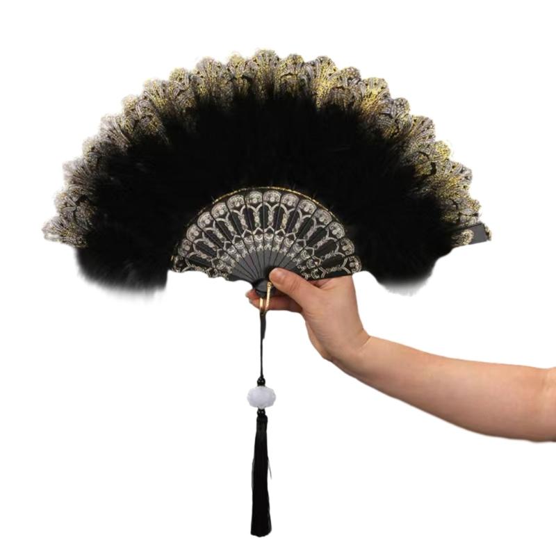 Embroidered Flower Feather Fan Vintage Hand Fan for Costume Dancing Handheld Folding Fan Performances Wedding Party