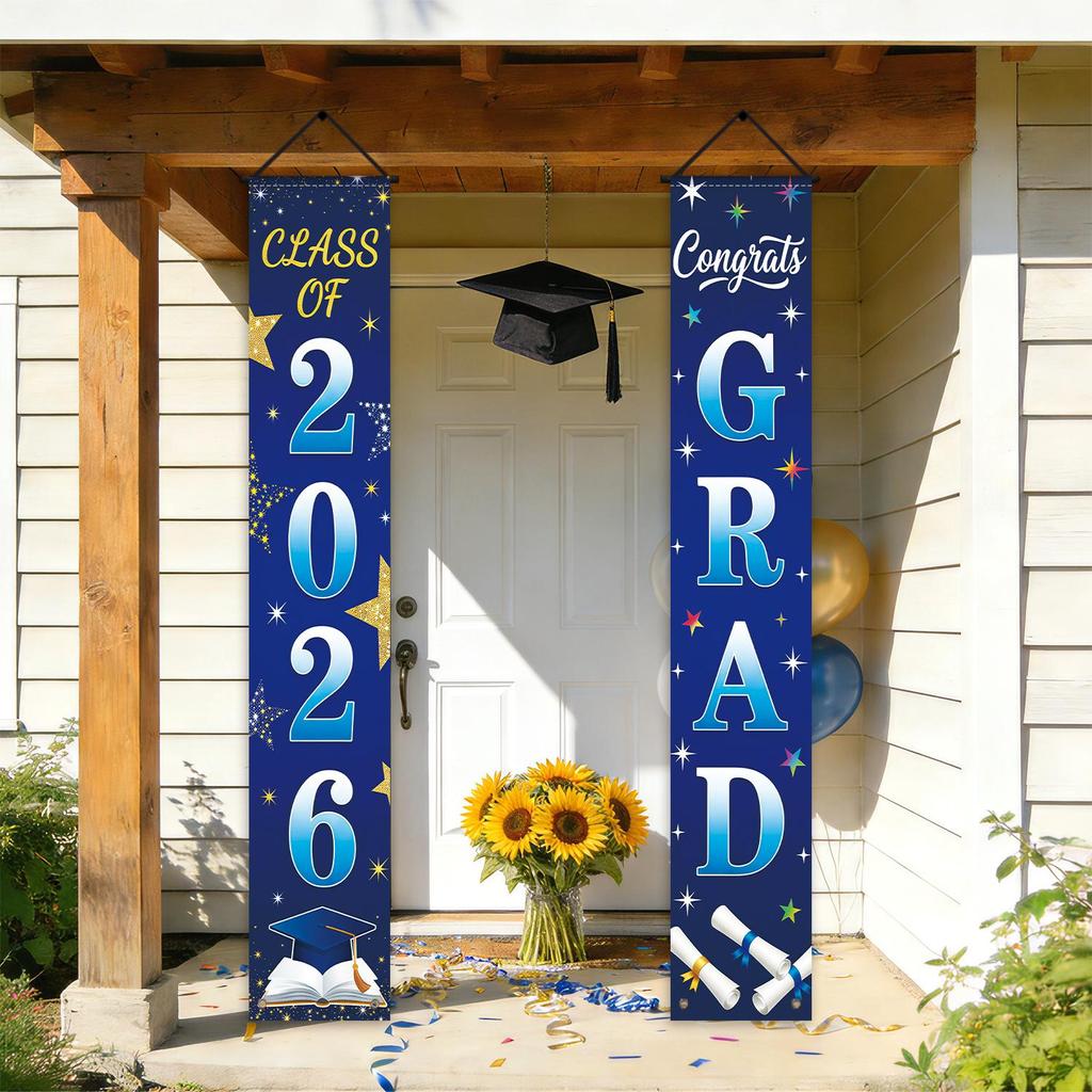 1 Set Polyester Graduation Door Banner Set Class of 2026 Pattern Hanging Porch Signs for Graduation Party Front Door Porch Decor