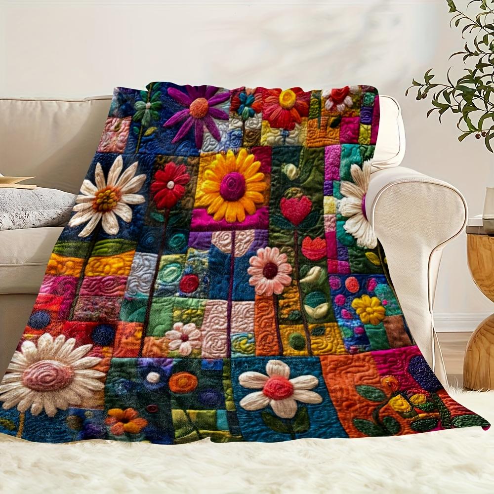 Coperta Trapuntata Floreale Bohemien - Stampa Floreale Disegnata a Mano, Morbido Flanella di Poliestere per Divano/Letto/Viaggio, Regalo per la Famiglia per Tutte le Stagioni