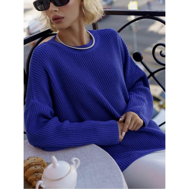 Women's Autumn and Winter Solid Colour Round Neck Loose Knitted Pullover Sweater