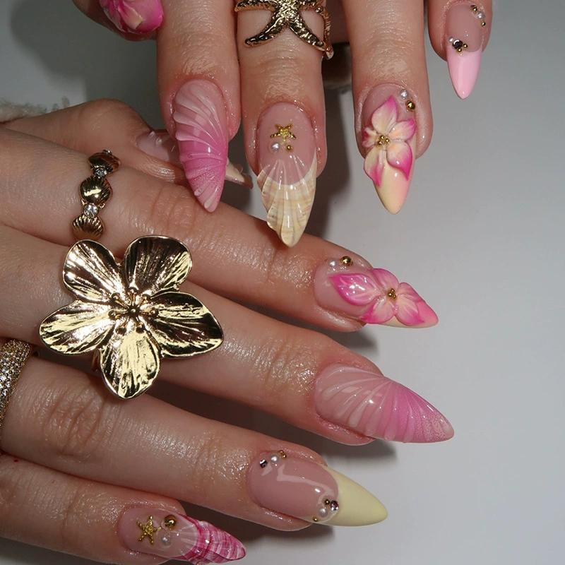 24Pc False Nails with Glue Almond Black Red Gradient Design Detachable Rhinestone Acrylic Fake Nail Long Stiletto Press on Nails