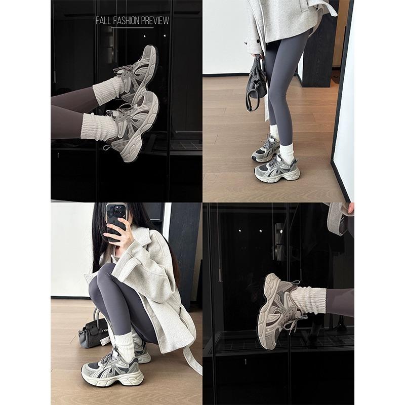 Cowhide version~ leather platform dad shoes women's autumn leather mesh retro versatile casual sports shoes