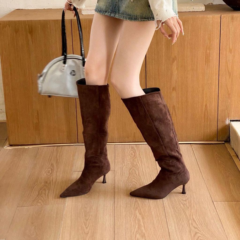 2025 Autumn and Winter New European and American Wind Tube About Temperament Suede Pointed Thin High Heel Boots Thin Wide Tube Knight Boots